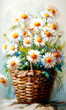 Bouquet of daisies in a basket on a white background.