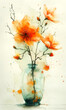 Watercolor painting of orange flowers in glass vase on white background.