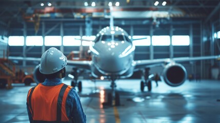 An aircraft maintenance engineer looking at a wide-body aircraft in a hangar