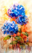 Watercolor painting of hydrangea flowers on colorful background.