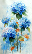 Watercolor painting of blue hydrangea flowers.