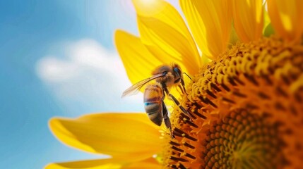 Poster - A honeybee exploring the petals of a sunflower, framed against a backdrop of bright blue sky.