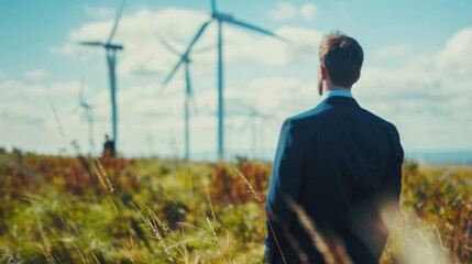 Businessman standing in a field of wind turbines, looking out at the horizon.