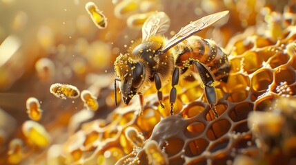 Poster - A honeybee entering a hive laden with pollen, contributing to the collective effort of honey production.