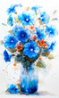 Blue flowers in a vase on a white background. Watercolor painting.
