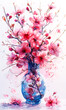 Sakura flowers in vase on white background, watercolor painting.