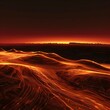 Abstract digital art of vibrant light trails flowing over desert dunes under a deep red sky at twilight, capturing a sense of motion and warmth.