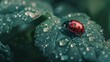 A ladybug nestled amidst dewdrops on a morning leaf, a charming symbol of luck and natural harmony.