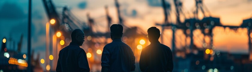 Three men are standing in front of a large container ship at sunset.