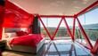 interior of a bedroom, modern living room with a window, a modern bedroom, modern architeture ,red color building structure