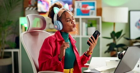 Fototapete - Work, laptop and dancing from phone break and music in office of graphic designer with audio. Entrepreneur, success and celebration with internet radio streaming at creative desk and streaming chair