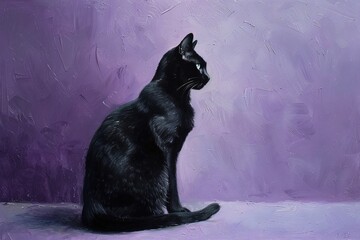 Sticker - A sleek black cat, eyes gleaming, seated on a lilac background, creating a captivating contrast in tones