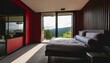 interior of a bedroom, modern living room with a window, a modern bedroom, modern architeture ,red color building structure
