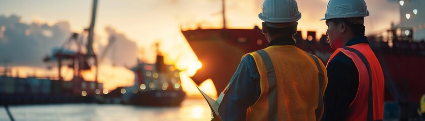 Two engineers in hard hats and safety vests look over plans in front of a docked cargo ship at sunset.