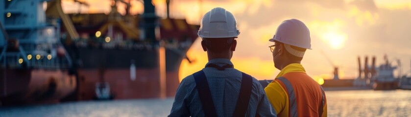 Two engineers in hard hats looking at docked cargo ship