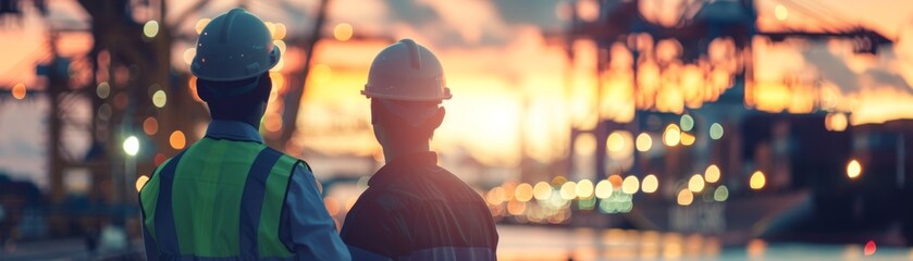 Two engineers in hard hats looking out at a busy shipping port at sunset.