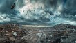 A panoramic view of a vast landfill site covered in layers of discarded waste debris and litter with swarms of birds flying overhead against an ominous cloudy sky
