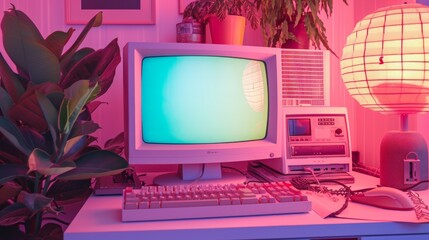 vintage retro personal computer with vaporwave , aesthetic and synthwave vibes