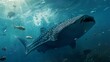 A majestic whale shark gliding through the open ocean, dwarfing the smaller fish swimming in its wake.