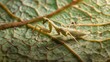 A mantis nymph exploring the intricate patterns of a leaf, blending in with its surroundings.