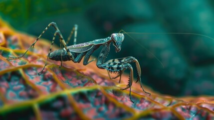 Aufkleber - A mantis nymph exploring the intricate patterns of a leaf, blending in with its surroundings.