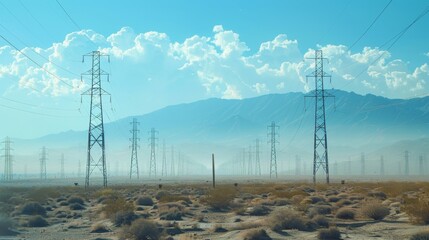 Wall Mural - a network of transmission towers stretching across a desert terrain