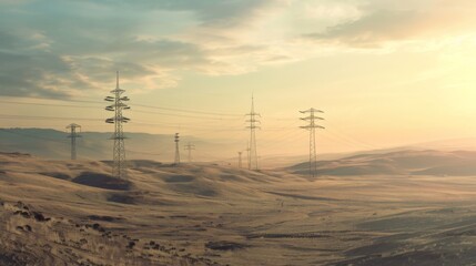 Poster - A network of transmission towers stretching across a desert terrain