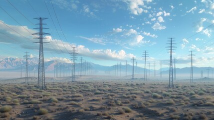 Poster - A network of transmission towers stretching across a desert terrain