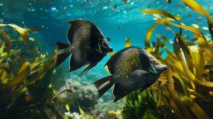 Wall Mural - A pair of graceful angelfish swimming among swaying seaweed, adding elegance to the underwater landscape.