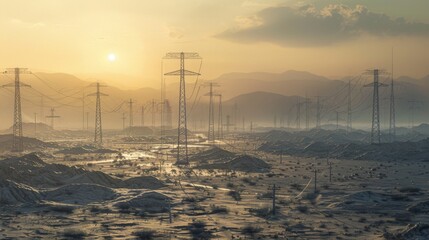 Wall Mural - A panoramic view of power transmission towers marching across a barren landscape