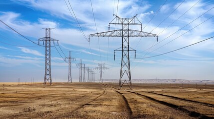 Aufkleber - A panoramic view of power transmission towers marching across a barren landscape