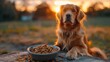 A dog is sitting in front of a bowl of food, Generative AI