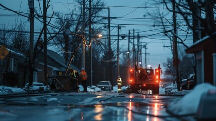 A power outage aftermath with utility workers repairing electrical lines, restoring service