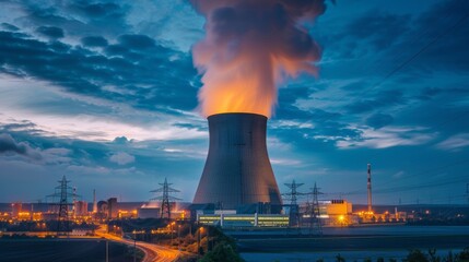 Sticker - A power plant emitting steam against a backdrop of industrial machinery, representing energy production