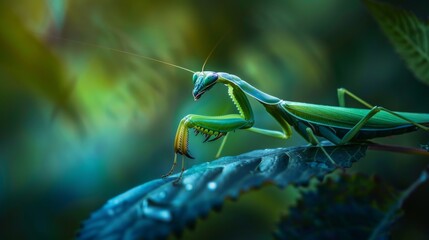 Poster - A praying mantis poised on a leaf, showcasing the stealth and patience of this fascinating predator