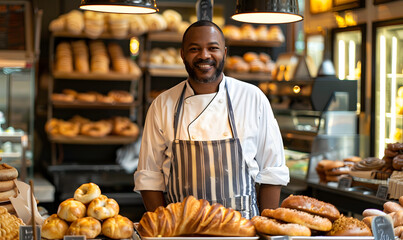 A man bakes fresh bread and sells it in front of a delicious shop in a bakery blurry background