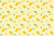 Illustration pattern of mango fruit and pieces on soft yellow background.
