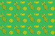 Illustration pattern Line art of pineapple fruit and pieces on green background.