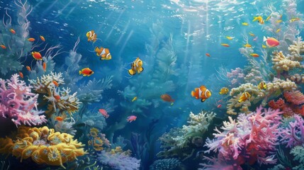 Wall Mural - A serene underwater scene with colorful fish swimming among delicate coral formations, inviting viewers to explore the beauty of the ocean depths.