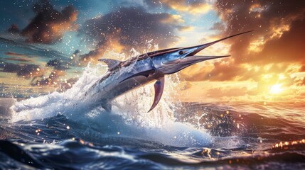 Poster - A sleek marlin leaping out of the water in a burst of energy, symbolizing the thrill of sport fishing in the open sea.