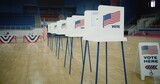 Fototapeta  - Voting booths with American flag logo at polling station. National Election Day in the United States of America. Presidential race and elections coverage. Civic duty, patriotism and democracy concept.