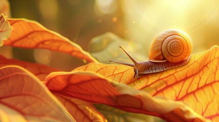 Aufkleber - A snail perched on a vibrant leaf, basking in the warm sunlight of a summer day