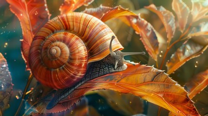 Aufkleber - A snail perched on a vibrant leaf, basking in the warm sunlight of a summer day