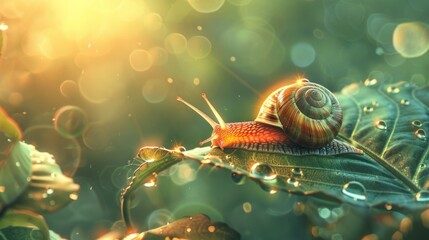 Aufkleber - A snail perched on a vibrant leaf, basking in the warm sunlight of a summer day