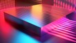 High-resolution 3D render of geometric shapes illuminated by a neon spectrum, casting sharp shadows on an abstract surface