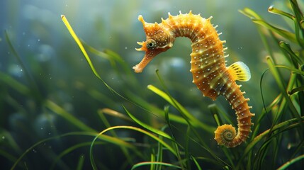 Poster - A solitary seahorse clinging to a strand of seagrass, blending seamlessly into its underwater surroundings.