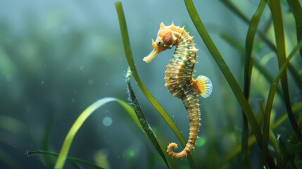 Poster - A solitary seahorse clinging to a strand of seagrass, blending seamlessly into its underwater surroundings.