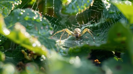 Poster - A spider weaving its intricate web between leaves, capturing the essence of nature's artistry.