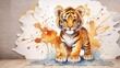 Watercolor illustration tiger cub lion cub stains splashes, children's cute cartoon room decor, photo wallpaper, print, poster, wall painting