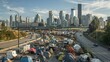 A sprawling makeshift encampment has taken root along the highway surrounded by the imposing highrise buildings of the urban skyline highlighting the stark divide between affluence and homelessness
